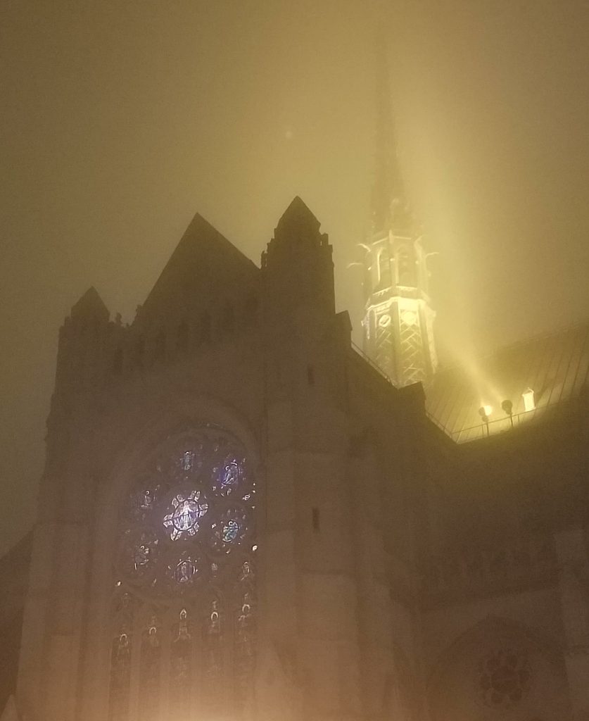 Una cattedrale gotica illuminata nella nebbia notturna