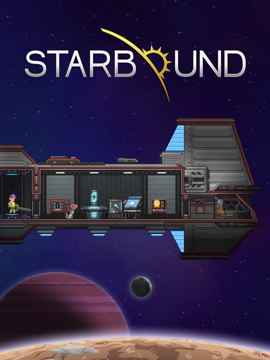 Copertina del videogioco Starbound, con esploratori e pianeti da scoprire tra le stelle