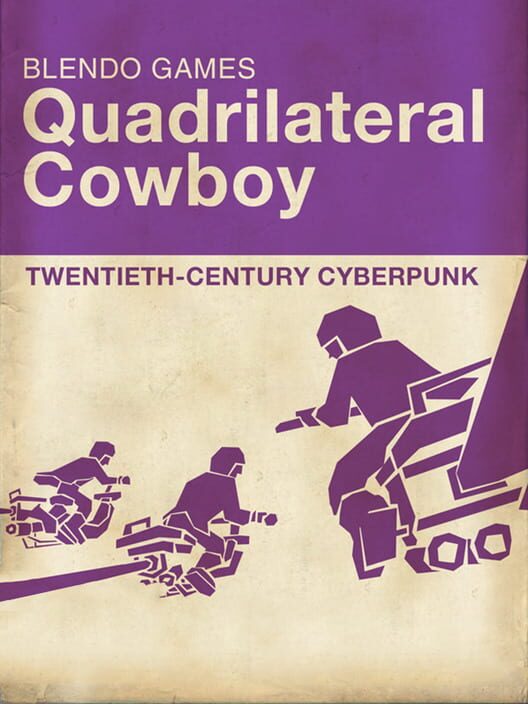 Copertina del videogioco Quadrilateral Cowboy, con un hacker e terminali in stile retro low-fi
