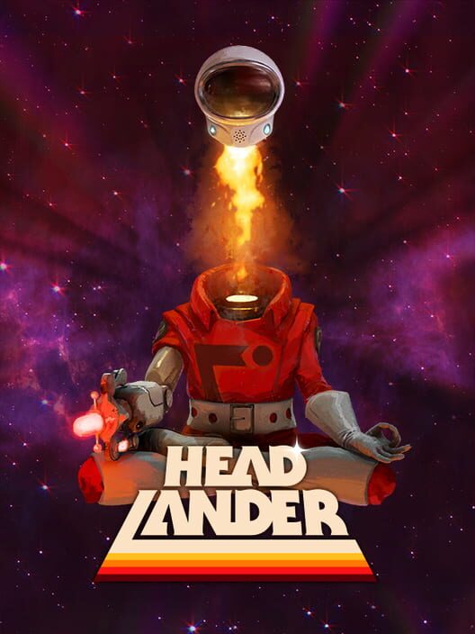 Copertina del videogioco Headlander, con una testa fluttuante in una capsula tra ambientazioni retrofuturiste
