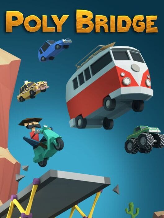 Copertina del videogioco Poly Bridge, con un ponte in legno che scavalca un fiume in stile low-poly