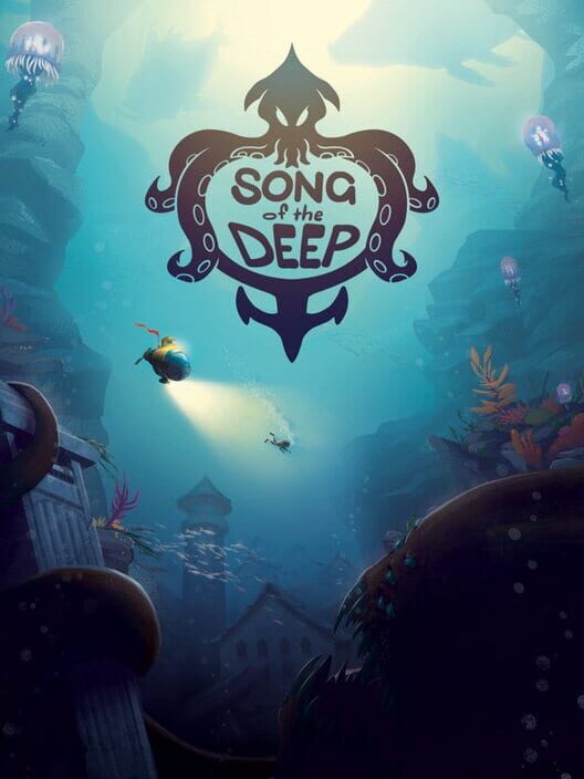 Copertina del videogioco Song of the Deep, con una giovane esploratrice sottomarina e il suo sottomarino tra fondali luminosi